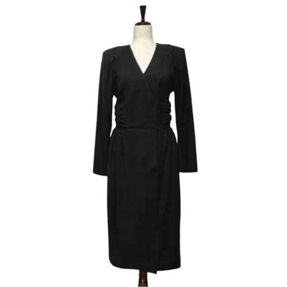 Leslie Lucks Vintage 80s Wool Blend Black Faux Wrap Midi Dress Size 12 - Picture 2 of 9